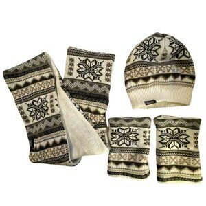 Muk Luks Acrylic Knit Winter Set - Scarf Beanie & Mittens Nordic Snowflake Patte